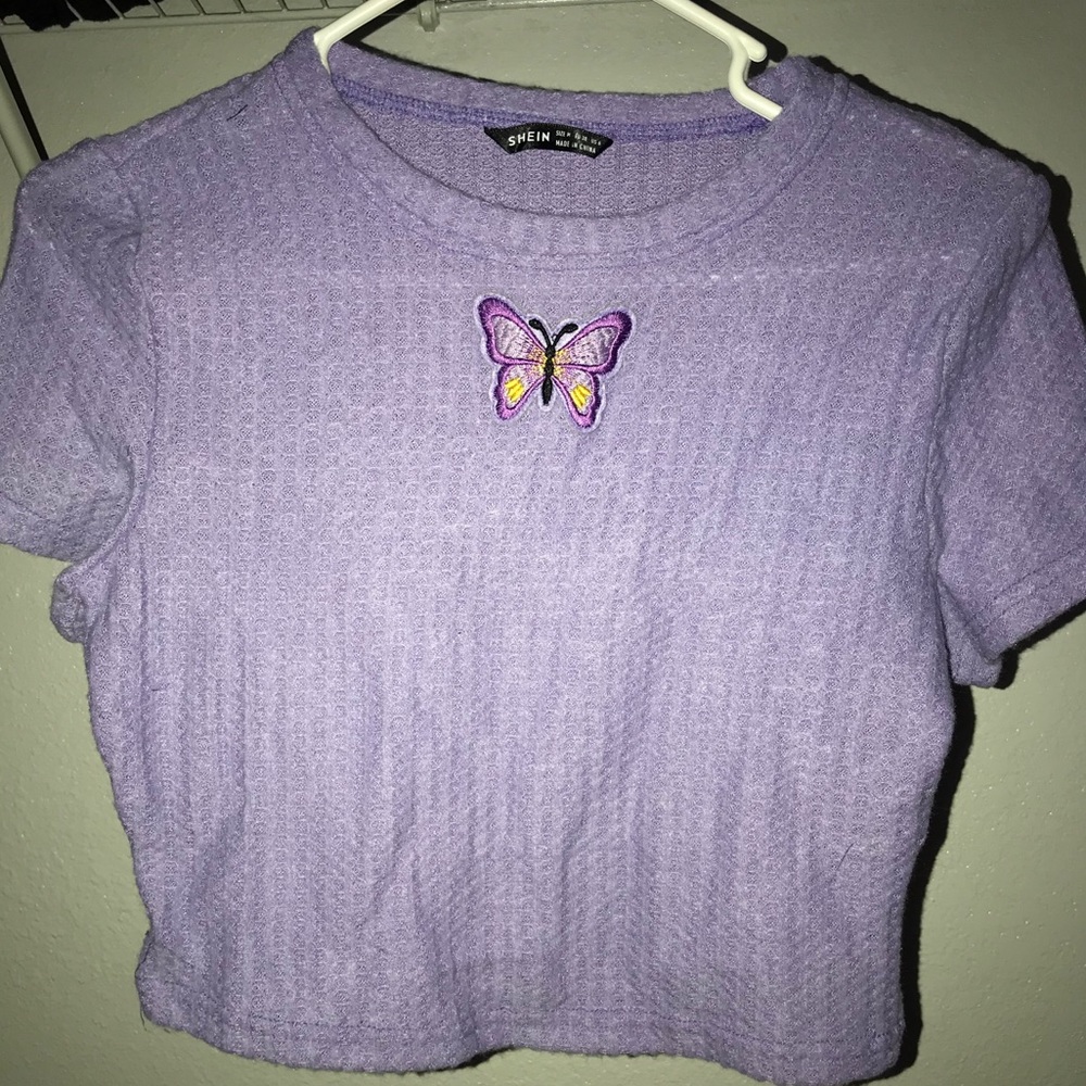 Shein Contrast Stitch Butterfly Lilac Crop Top
